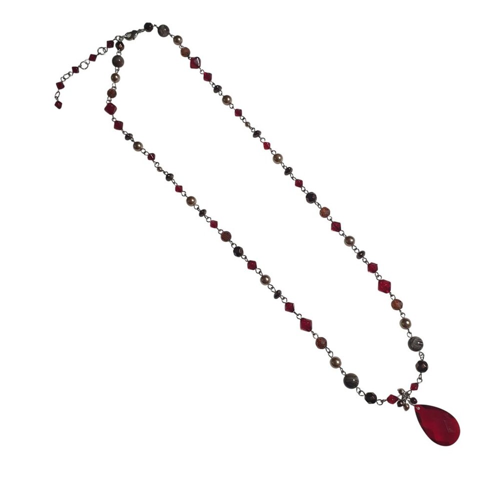 Vintage Crystal Necklace Red Glass Bead Teardrop Pendant Lightweight Jewelry